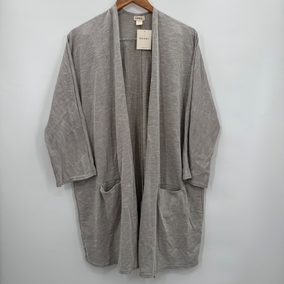 Anthropologie DONNI Sandwash Cardigan Gray Stripe One Size Open Front NEW - Picture 2 of 8
